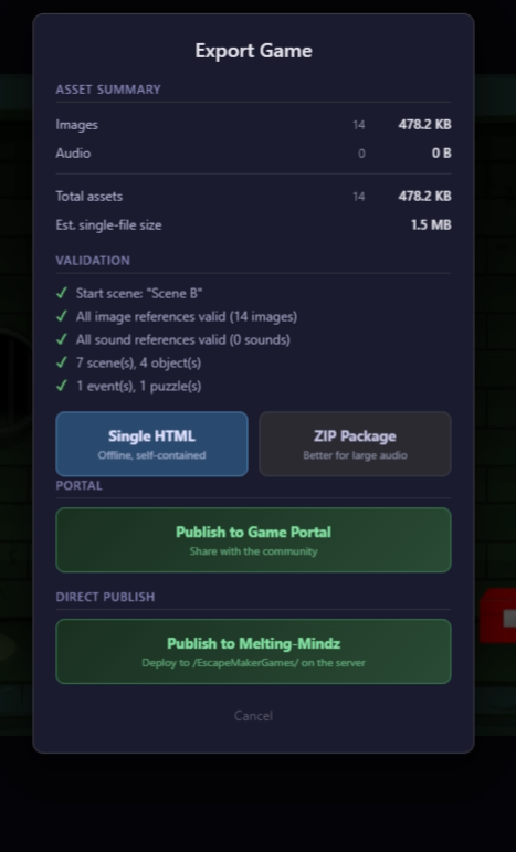 Export dialog with ZIP and Standalone HTML buttons and Domain Lock field